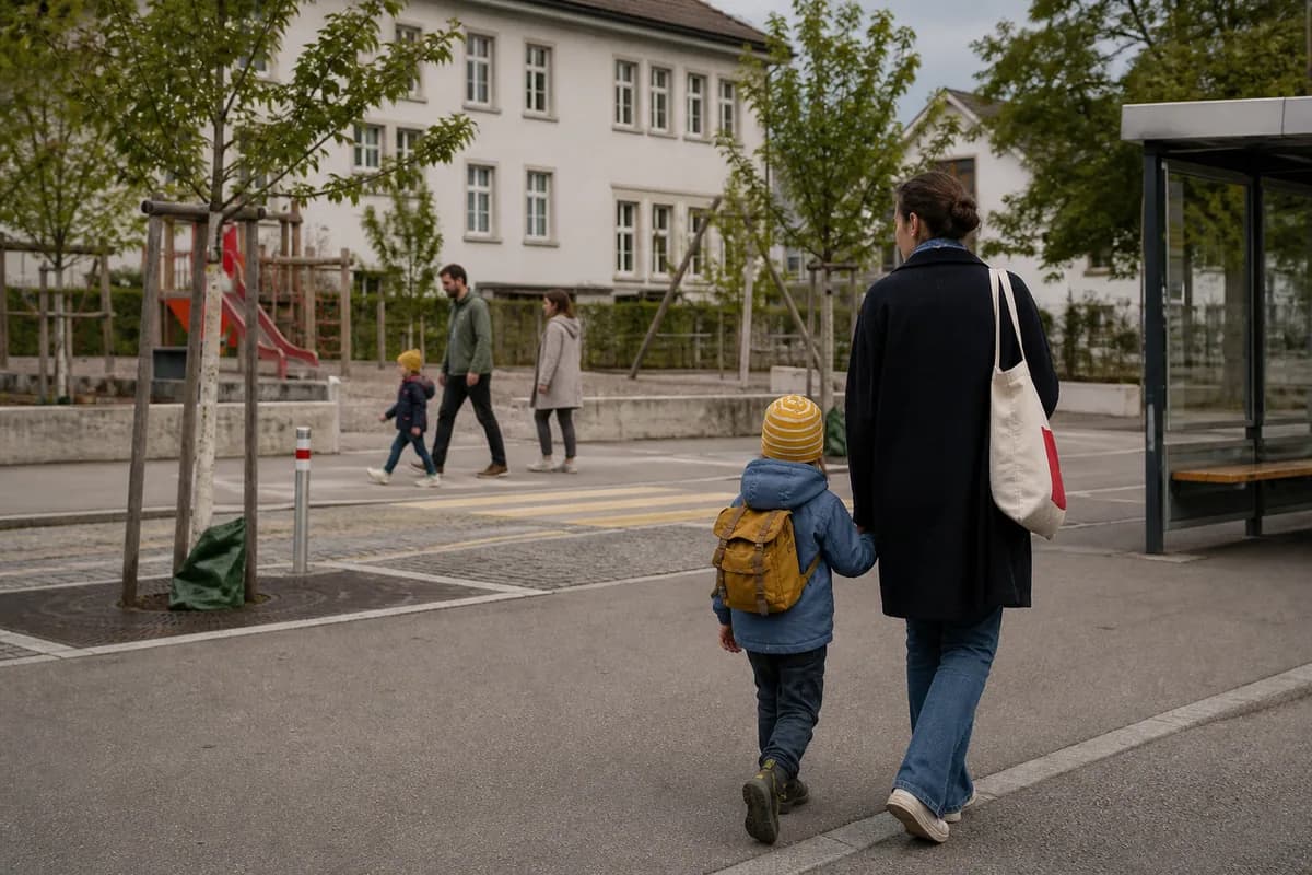 Un parent et son enfant marchent vers un arrêt de transport public.