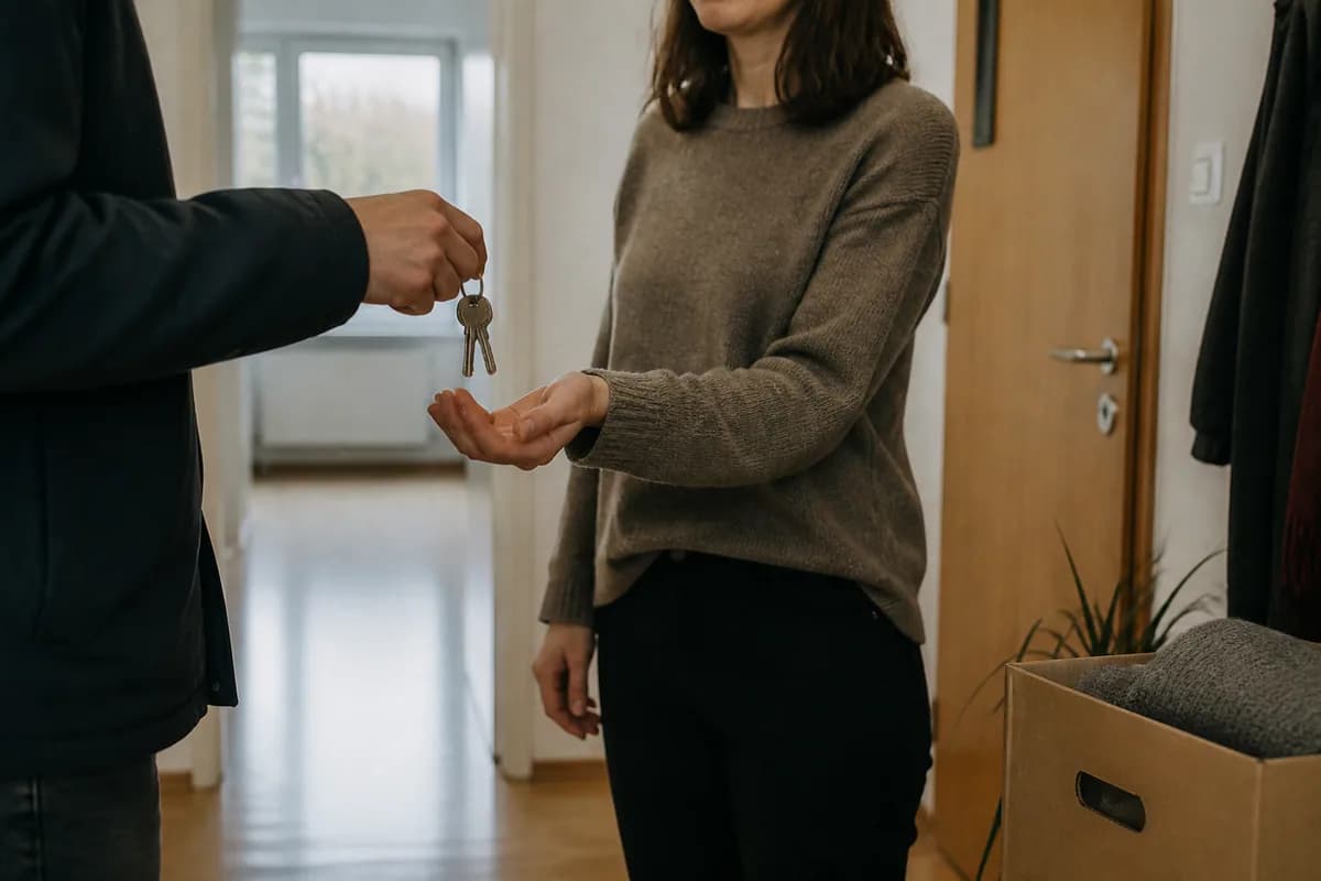 Une remise de clés dans l’entrée d’un appartement.
