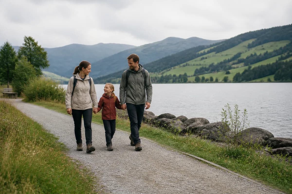 Une famille marche sur un chemin au bord d’un lac.