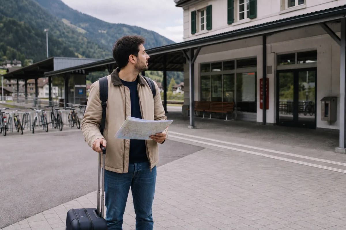 Un nouvel arrivant cherche son chemin près d’une gare régionale.