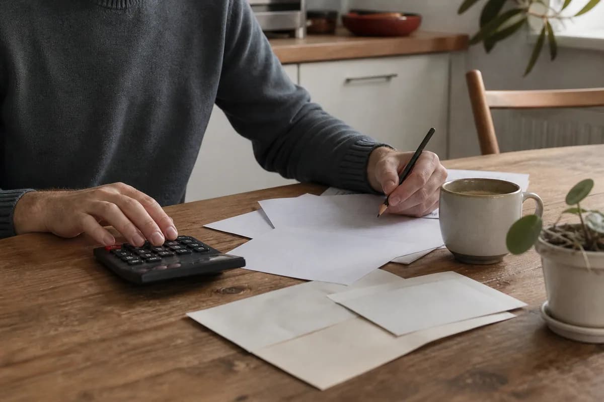 Une personne examine son budget à une table de cuisine.
