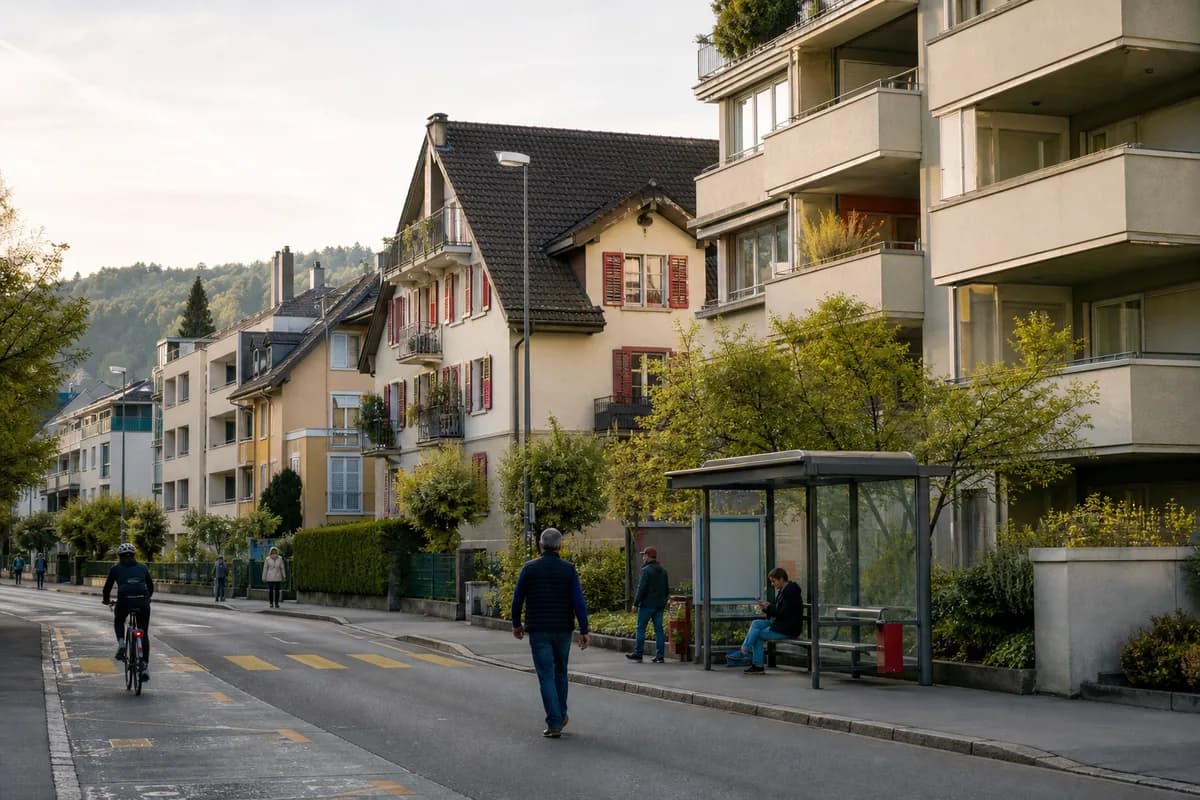 Une rue résidentielle suisse animée au début de la journée.